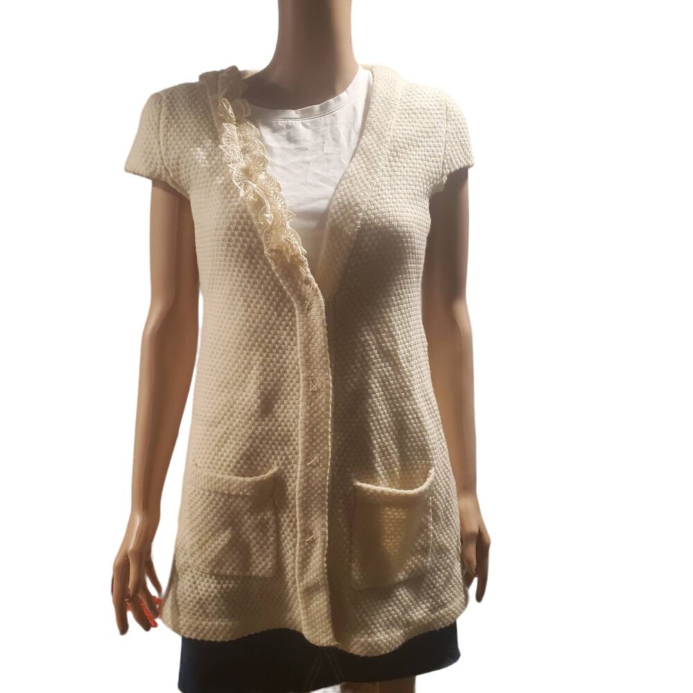 Tabitha Anthropologie Size S Ivory Wool Snap Ruffle Cardigan Sweater Pockets